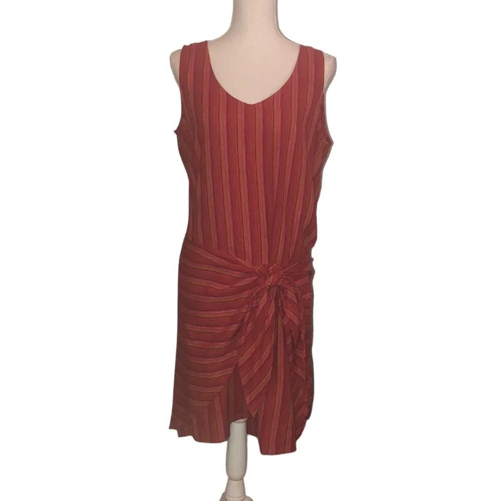 Drew Sz M Women's Striped Red Pink Orange Linen Blend Wrap Waist Tie Front Dress